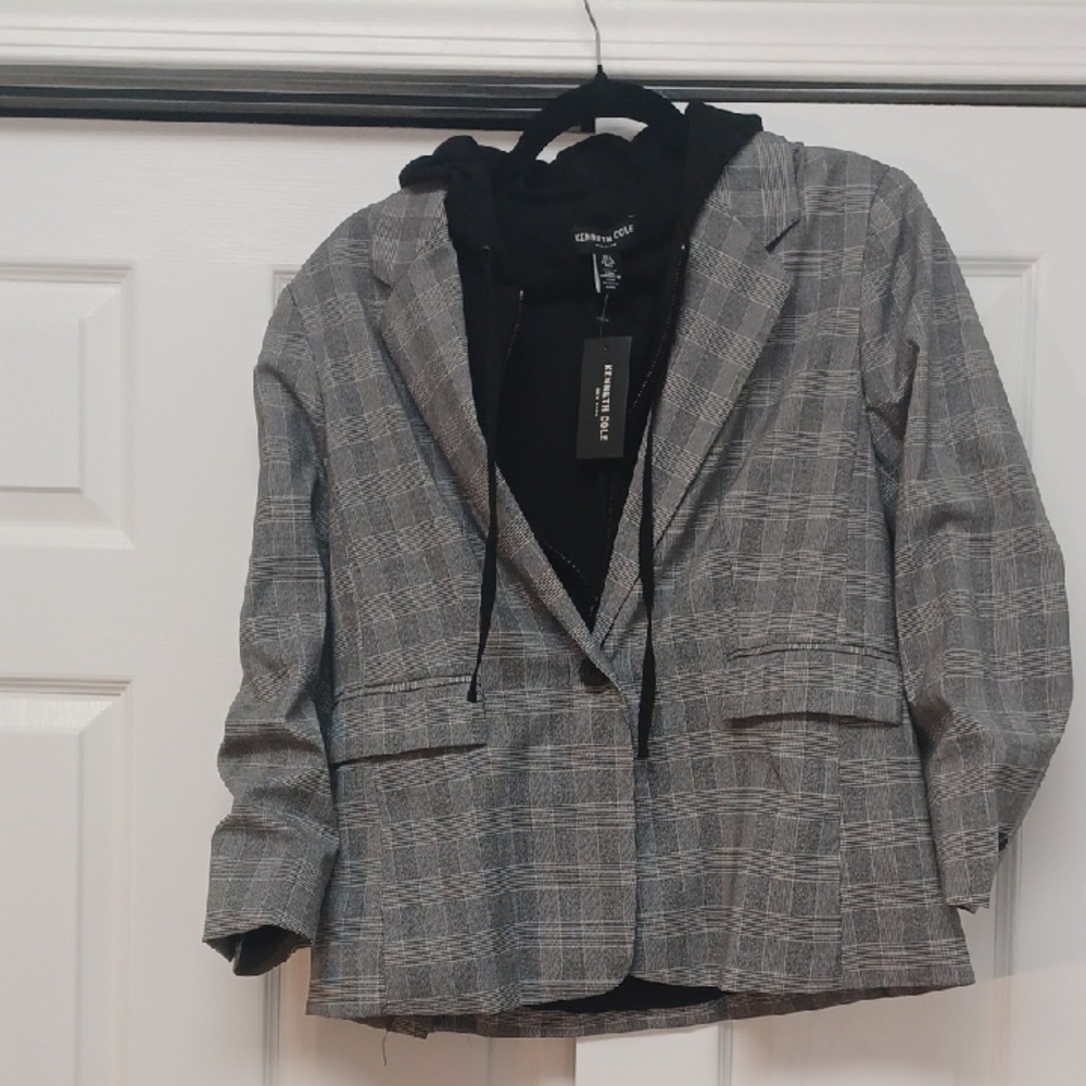 Kenneth Cole Black and Gray Checkered Blazer with Hoodie